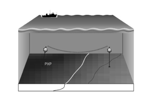 Diagram showing RBRsolo T|deep|slow and RBRduet T.D|deep loggers attached to a submarine acoustic ranging device to investigate seafloor crustal deformation.