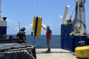 Wirewalker mooring being deployed off the R/V Pelican (photo credit: Dr. Jen MacKinnon)