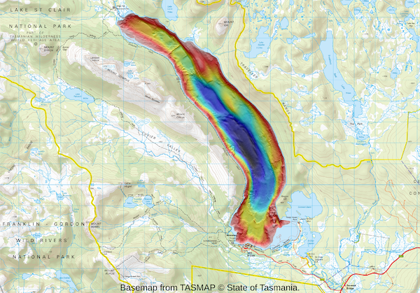 High resolution map of Lake St Clair, Tasmania-showing topographic and bathymetry CSIRO-Basemap from TASMAP ©State of Tasmania