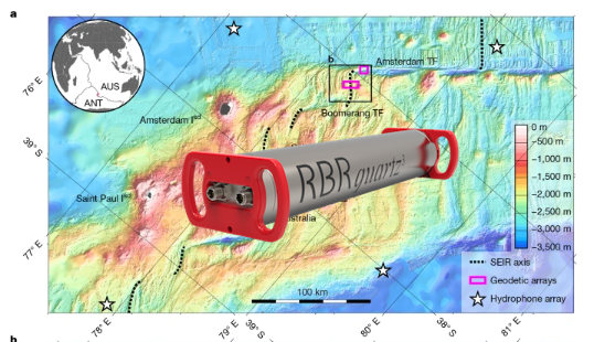 Map showing the tectonic setting and seismicity of the Southeast Indian Ridge rifting event with BPR overlaid